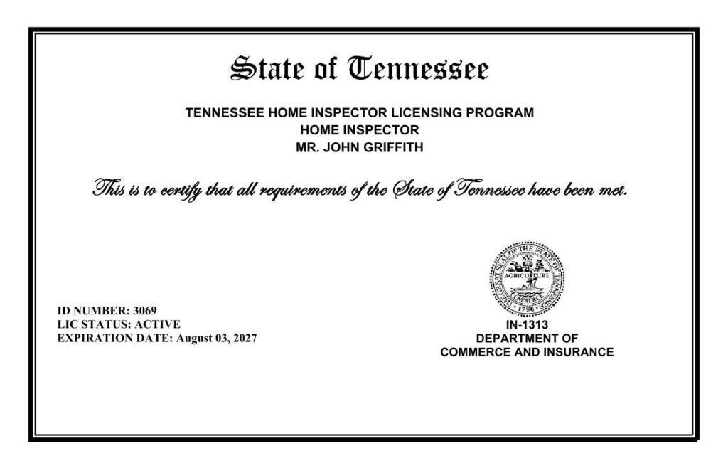State of Tennessee Home Inspector License